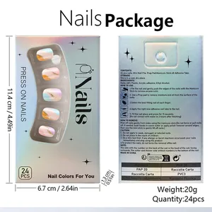 Detail view showing macaron press-on nails packaging with stripes and glitter design