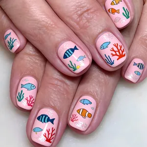 Short Square Pink Glitter Press On Nails With Ocean World Fish Coral Pattern Glossy Reusable Artificial Nails For Women Girls
