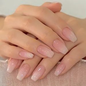 24Pcs French Pink Gradient Press On Nails Long Coffin Fake Nails With Silver Glitter Ombre Artificial Nails For Women Daily