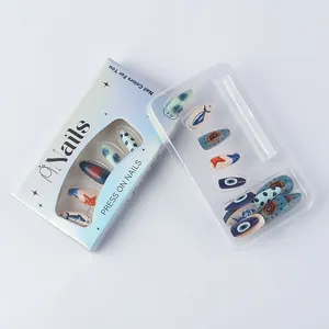 Detail of blue ocean-themed press-on nails set with shark and starfish patterns