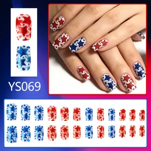24pcs short glossy red and blue star press-on nails with glitter for Independence Day