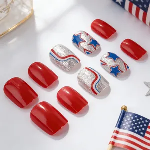 Short square press-on nails with Independence Day stars and stripes glossy finish