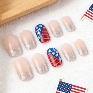 Short silver glitter French tip press-on nails with patriotic American flag design elements