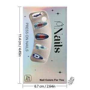 Detail view of 24pcs almond blue starfish press-on nail set in iridescent packaging