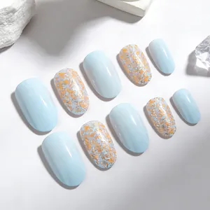 Hellblaue ovale künstliche Nägel Set mit Goldglitzer und glänzendem Finish 10 Stück