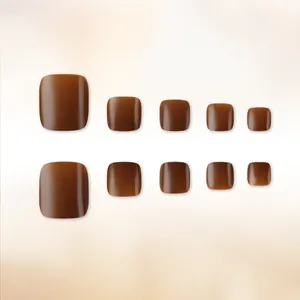 Glossy amber brown press-on toenails with mirror finish, 24 piece set for elegant pedicure