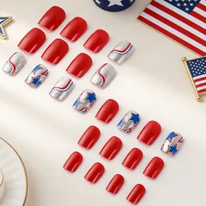 Short square press-on nails with Independence Day stars and red stripes on white surface
