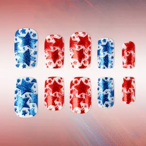 Short red and blue glitter star press-on nails set with shiny white base finish