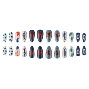 Ocean-themed almond nails with starfish and blue nautical patterns, 24-piece press-on set
