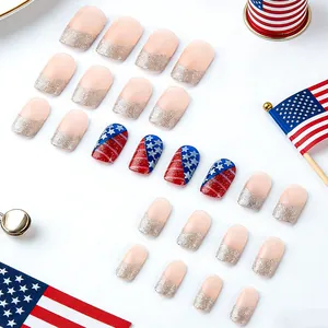 Short square press-on nails with silver glitter French tips and American flag patterns