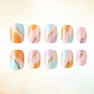 Short macaron glitter press-on nails with colorful wave patterns and golden lines