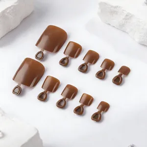 Glossy caramel brown press-on toenails set for women, 24 pieces of glossy finish false nails
