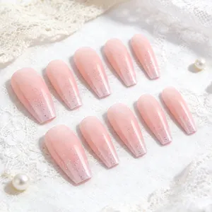 Pink gradient coffin fake nails with silver glitter ombre tips on lace background