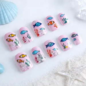 Pink ocean theme press-on nails with colorful fish and coral patterns 10pcs set