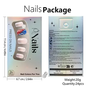 Detailed packaging view of 24pcs press-on nails featuring US flag and silver glitter design