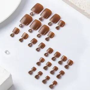 Glossy mocha brown press-on toenails featuring a high-shine finish and diverse sizes