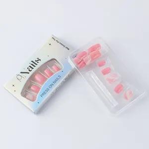 Kit unghie finte marmorizzate rosa e bianco con confezione e bastoncino per manicure