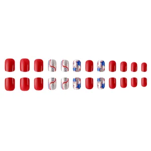 Short square press-on nails with 4th of July stars and stripes design in red, blue and silver