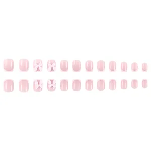 Unghie finte corte rosa stile francese con fiocchi 3D e finitura lucida 24pz