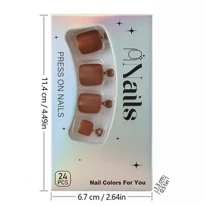 Glossy brown press-on toenails in clear window box packaging with size dimensions