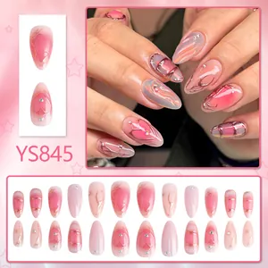 Pink gradient almond press-on nails with gold marble lines and rhinestone accents 24pcs