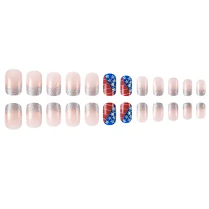 Short glossy French press-on nails with silver glitter and Independence Day flag designs