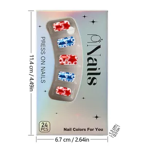 Detailed box size of 24pcs glitter red and blue star press-on nail kit packaging