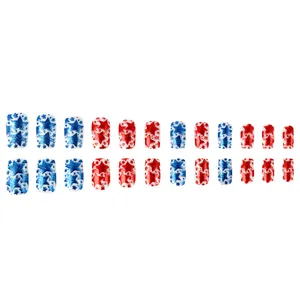 Short glossy red and blue glitter star press-on nail set with 24 pieces on white background