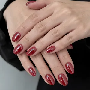 Glossy deep red oval press-on nails for women with a vintage elegant mirror finish