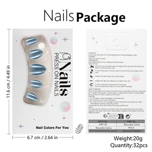 Aperçu détaillé du coffret de 32 faux ongles œil de chat bleu brume avec accessoires