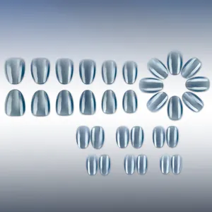 Détails de faux ongles courts ovales effet œil de chat bleu poudré lot de 24