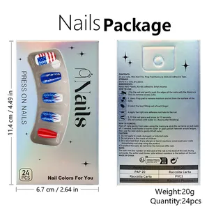 Detailed packaging showing 24pcs Fourth of July press-on nails with tool kit and instructions