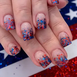 French Gradient Red White Blue Glitter Press On Nails Short Square Full Cover False Nails For Independence Day Party Women
