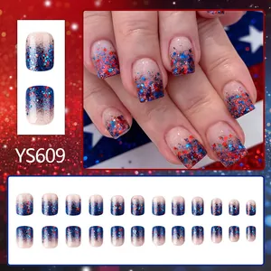 Short French red white and blue glitter press-on nails with Independence Day theme 24pcs