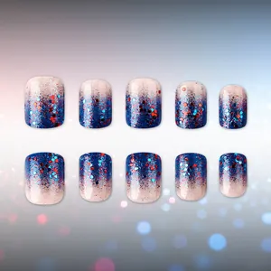 Short French style press-on nails with blue and red glitter gradient for women