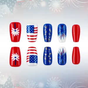 Independence Day press-on nails with red, white and blue glitter stars and fireworks