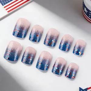 Short French press-on nails with red, white, and blue glitter for Independence Day