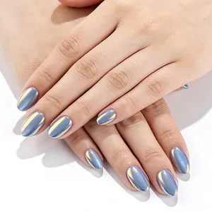 Short round cat eye press-on nails in iridescent grey-blue with metallic mirror finish