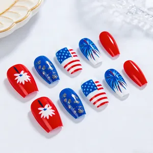 Independence Day press-on nails with red white and blue star and firework patterns