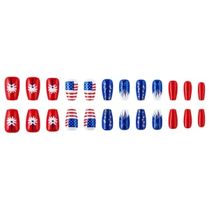 Independence Day red white blue press-on nails with stars and fireworks patterns