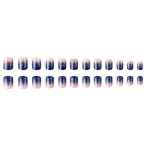 Short French press-on nails with red, white, and blue glitter gradient finish, 24 pieces set