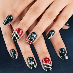 Independence Day Press On Nails Square Blue Red Glitter Star Stripe Pattern ABS Plastic False Nails For Women Party
