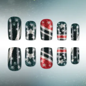 Star patterned square press-on nails with red blue and green glitter stripes design