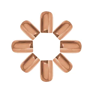 Macro shot of mirror-finish rose gold press-on nails with metallic round-head design