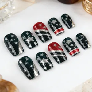 Glossy square press-on nails featuring red blue and black stripes with silver stars