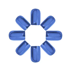 Detail view of 8 glossy sapphire blue metallic mirror finish short false nails in radial layout