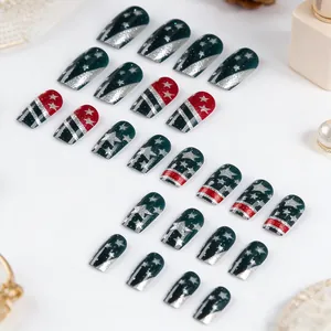 Macro shot of 24pcs Independence Day false nails with stars, stripes and silver glitter
