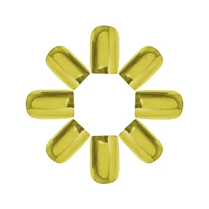 Detailed view of metallic gold mirror finish short false nails with round shape