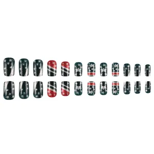 Independence Day square false nails with blue stars, red stripes and silver glitter