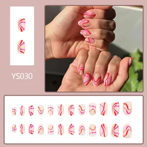 Faux ongles ovales roses avec rayures ondulées rouges, kit de manucure de 24 pièces